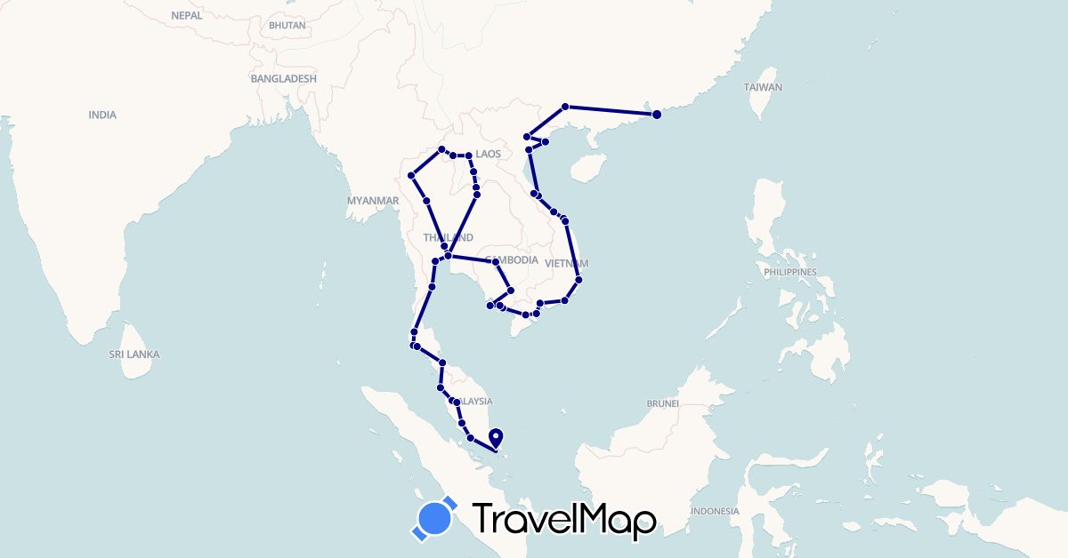 TravelMap itinerary: driving in China, Cambodia, Laos, Malaysia, Singapore, Thailand, Vietnam (Asia)