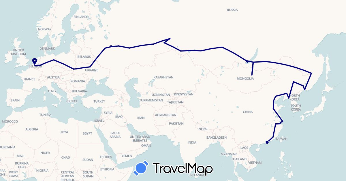 TravelMap itinerary: driving in Belgium, China, Germany, Mongolia, Poland, Russia, Ukraine (Asia, Europe)